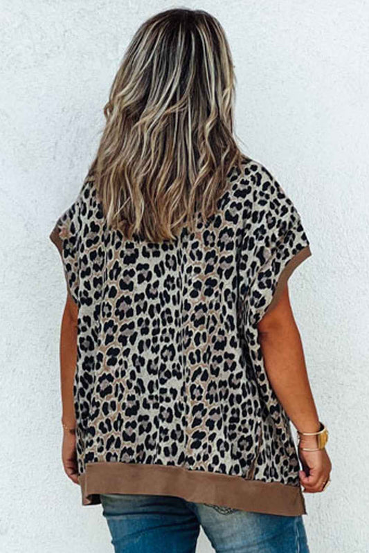 Khaki Leopard Contrast Trim Short Sleeve Loose Plus Size Top 27799aa25b0226ba