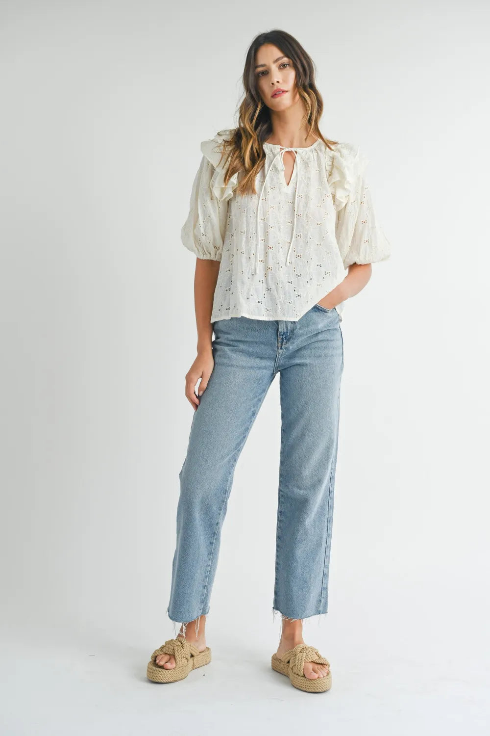 MABLE Eyelet Lace Ruffle Shoulder Puff Sleeve Blouse 277deb76-b9fd-432a-ac59-332bc81c7e14-Max