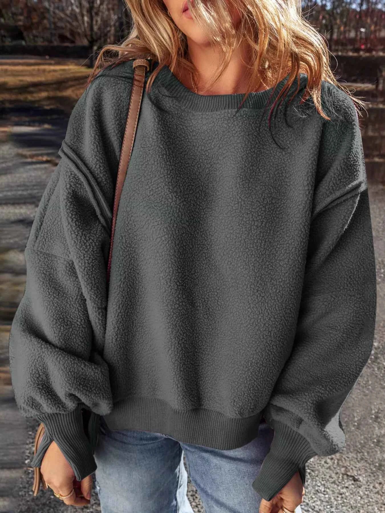 Round Neck Dropped Shoulder Sweatshirt Gray 277e106e03614fc3b7bb9961d27cd647-Max-Origin