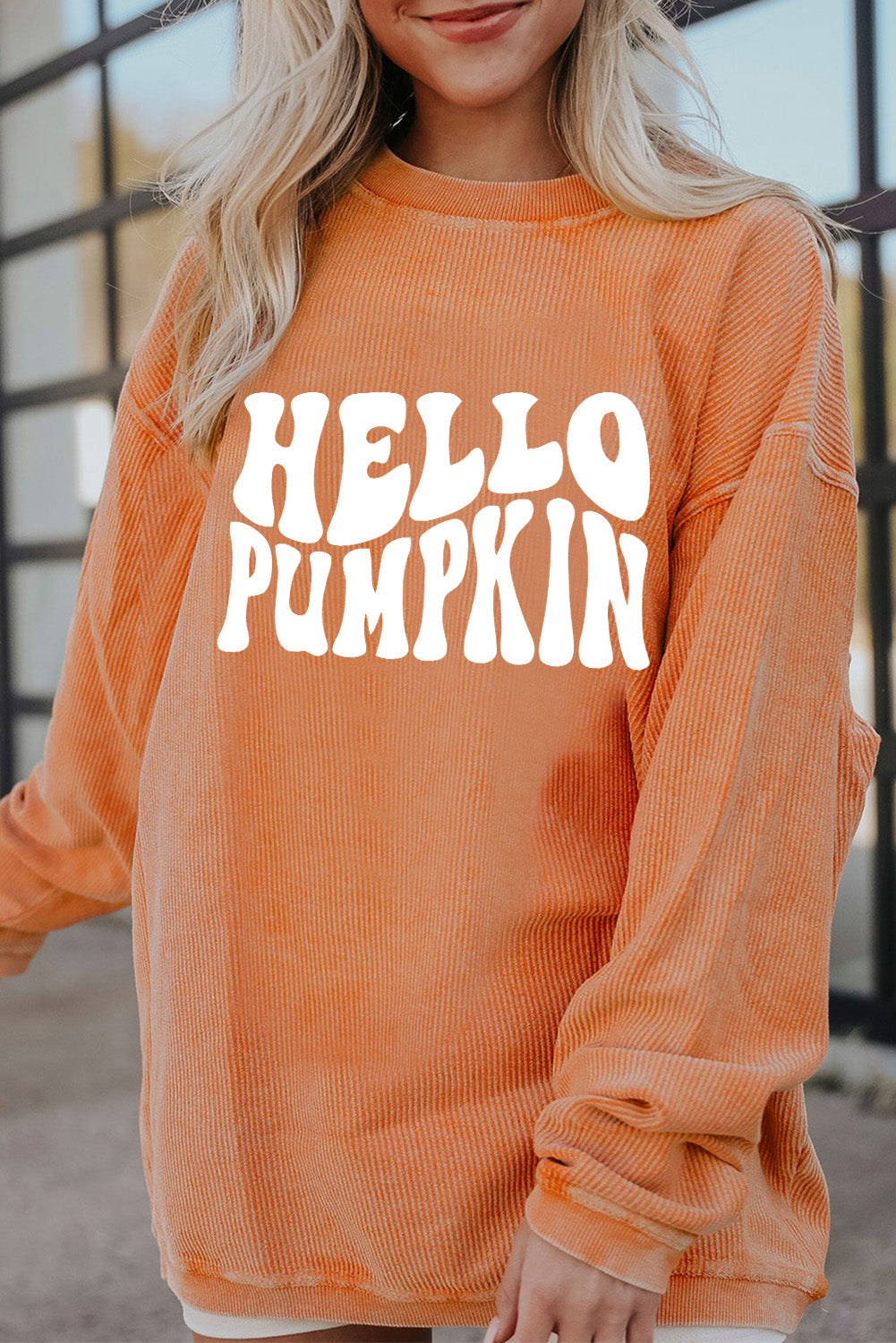 Orange HELLO PUMPKIN Letter Graphic Corded Sweatshirt 2780f02db2c46ff9