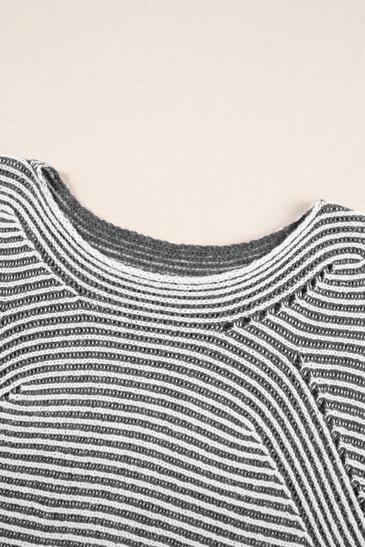 Black Striped Print Ribbed Knit Raglan Sleeve Baggy Sweater 278b6ff4327909e3