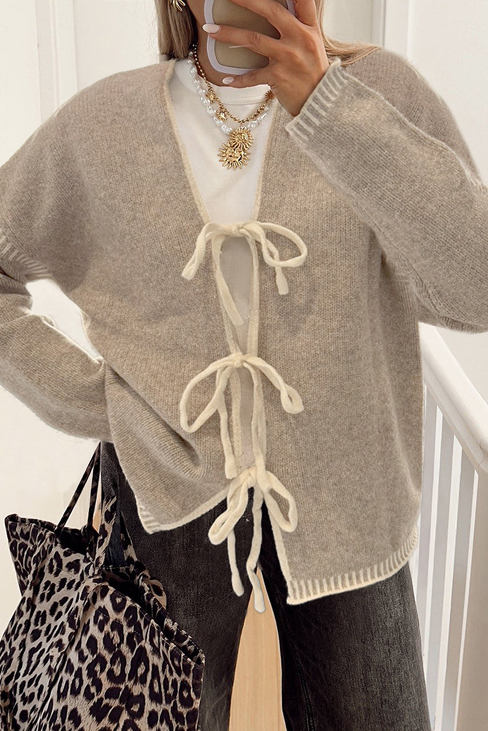 Pale Khaki Tied Front Drop Shoulder Chunky Casual Cardigan 278bb95179255ebf