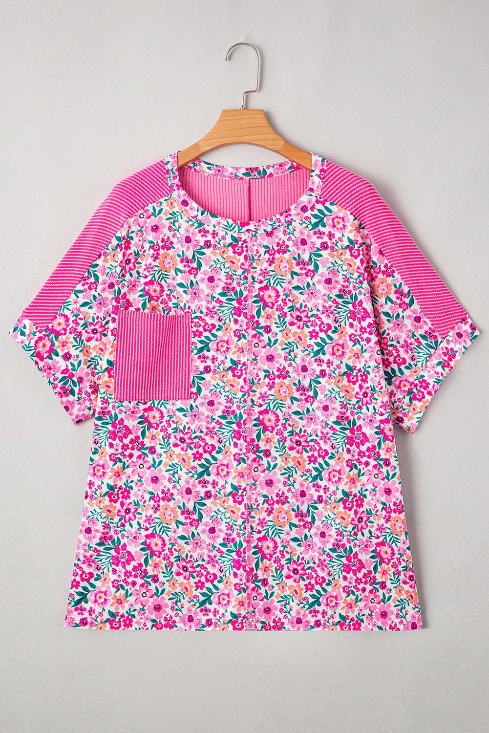 Pink Plus Size Floral Print Corded Patchwork Loose Top 278f18f1e6538d70-_8