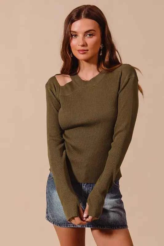 Rib Knit Top with Shoulder Cut Out OLIVE 279b74c1-13a8-4401-b188-17ebd6990a1b-Max-Origin