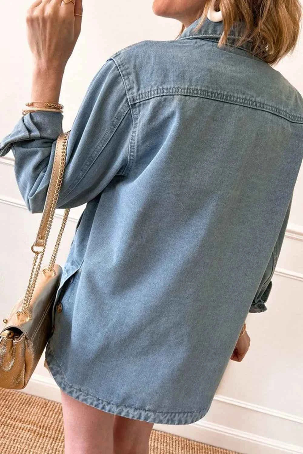 Pocketed Button Up Long Sleeve Denim Jacket 27a0212c-e43a-40f4-9e9e-9ee0a37cafbb-Max