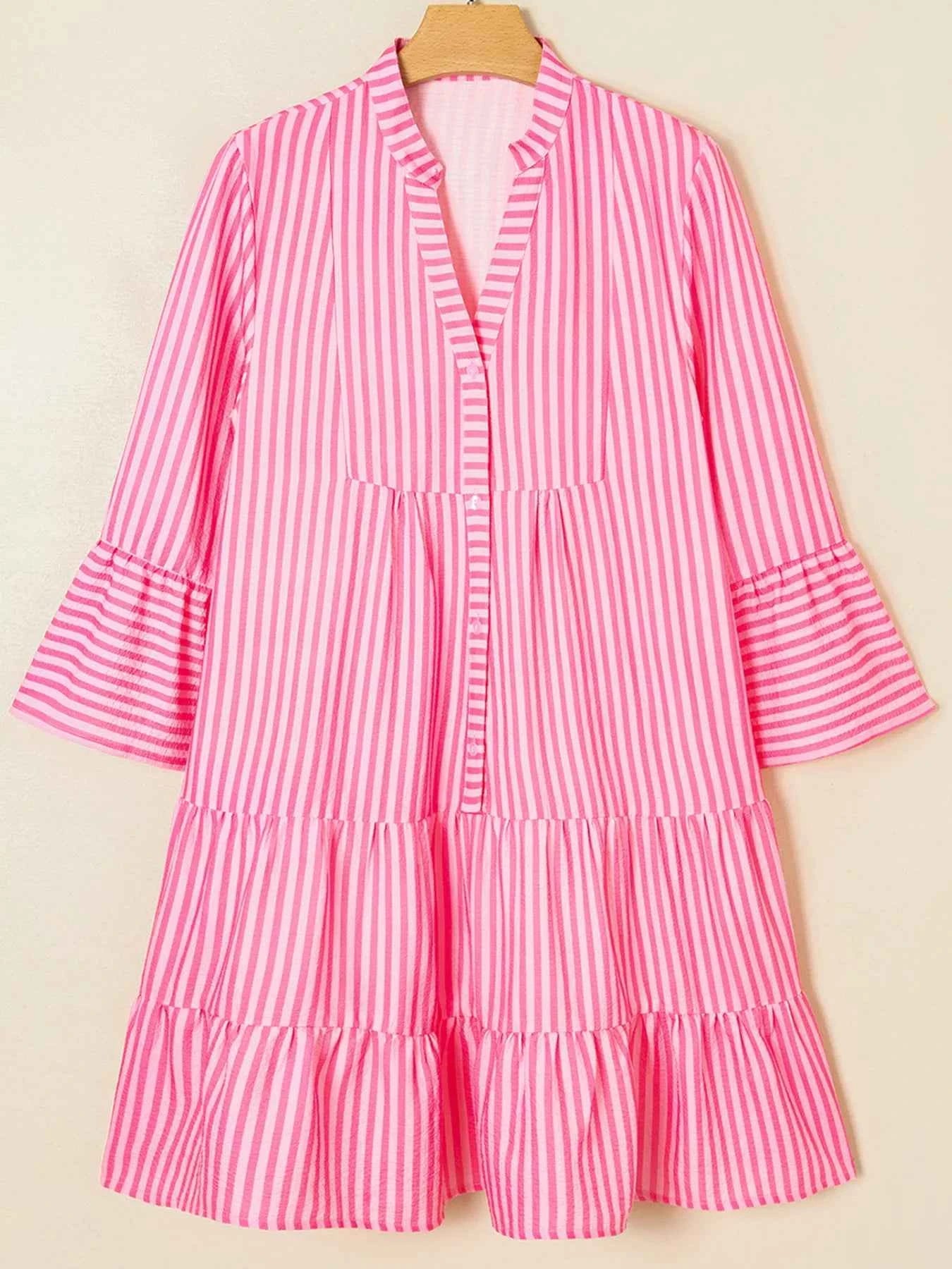 Stripe Flare Sleeve Half Placket Tiered Flowy Mini Dress 27a0229b245b4aaba95d8d690e077438-Max-Origin