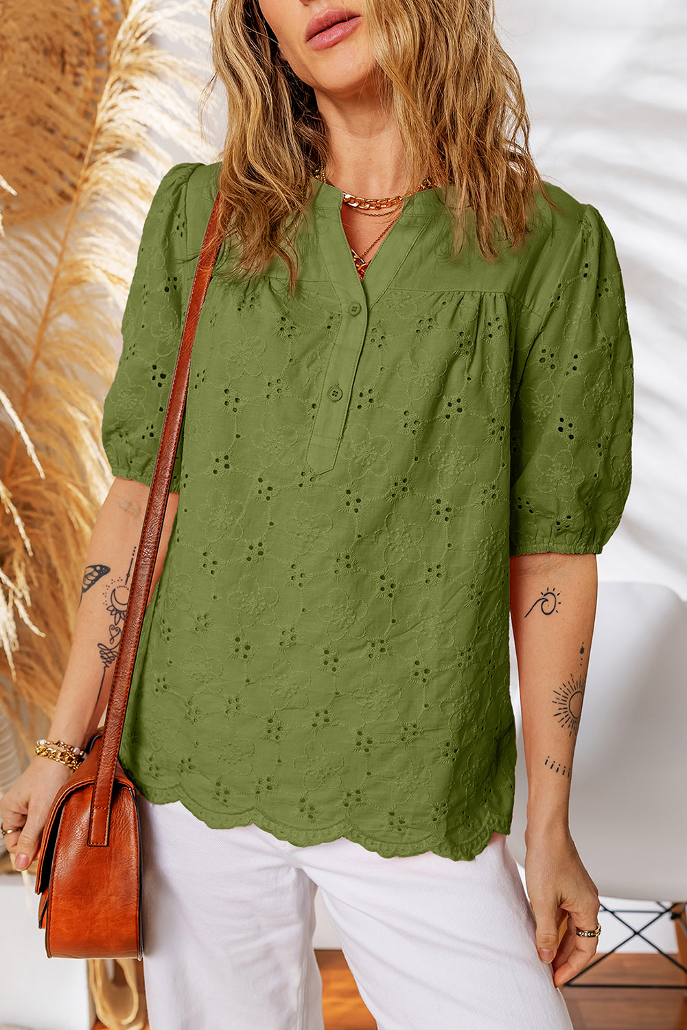 Vineyard Green Lace Crochet V Neck Half Sleeve Embroidery Button Down Blouses Casual Shirts 27a474d3b85ddd97