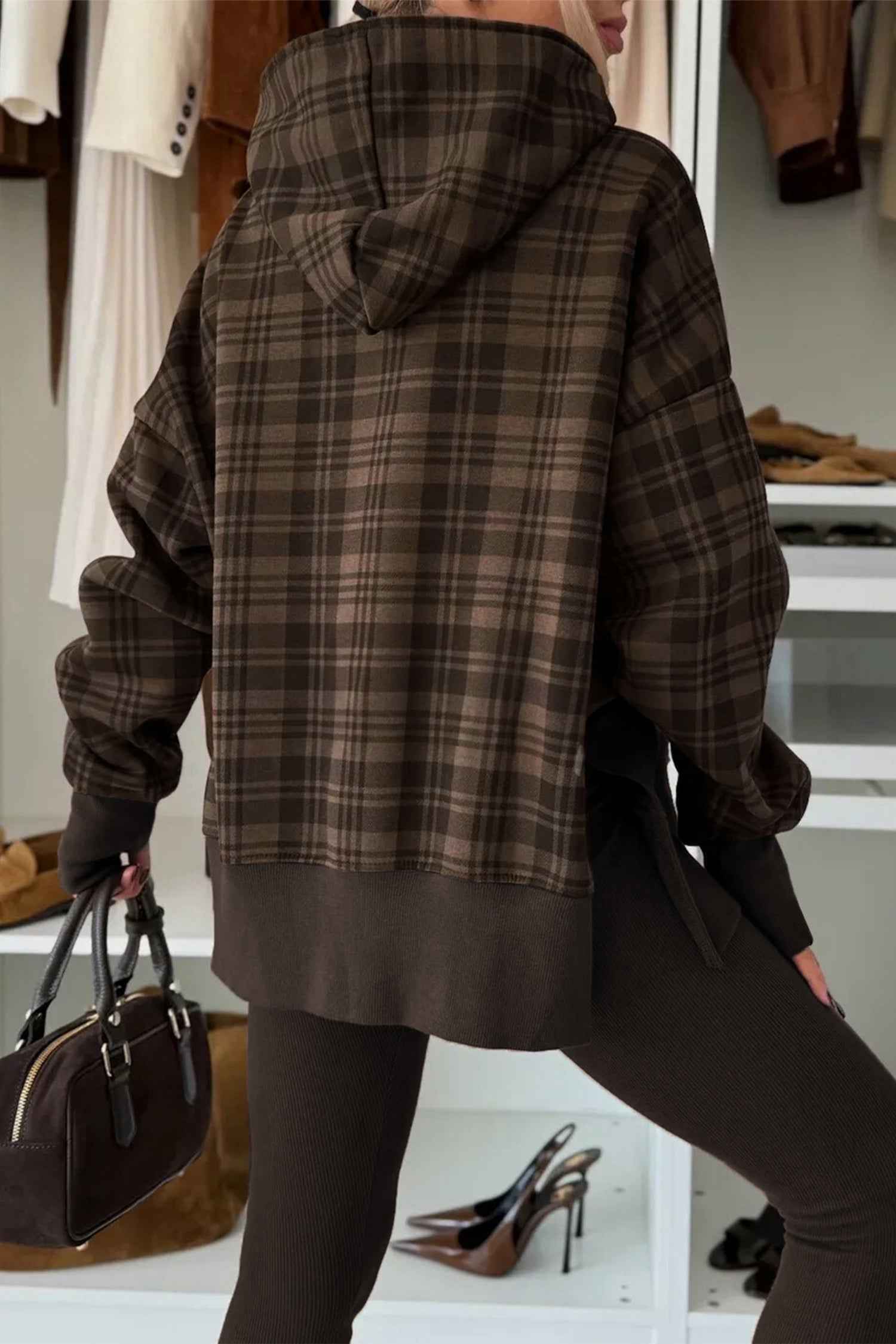 Beige Plaid Patchwork Side Slit Sweatshirt 27a500057dbf7b2d