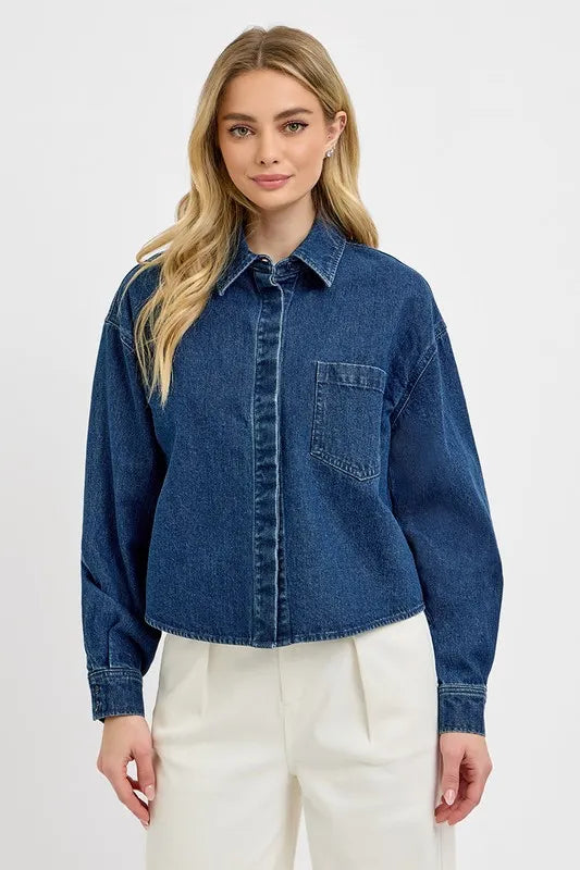 RISEN Button Up Long Sleeve Denim Shacket 27ac3b44-9b84-4b97-a550-f9023cda2f6d-Max