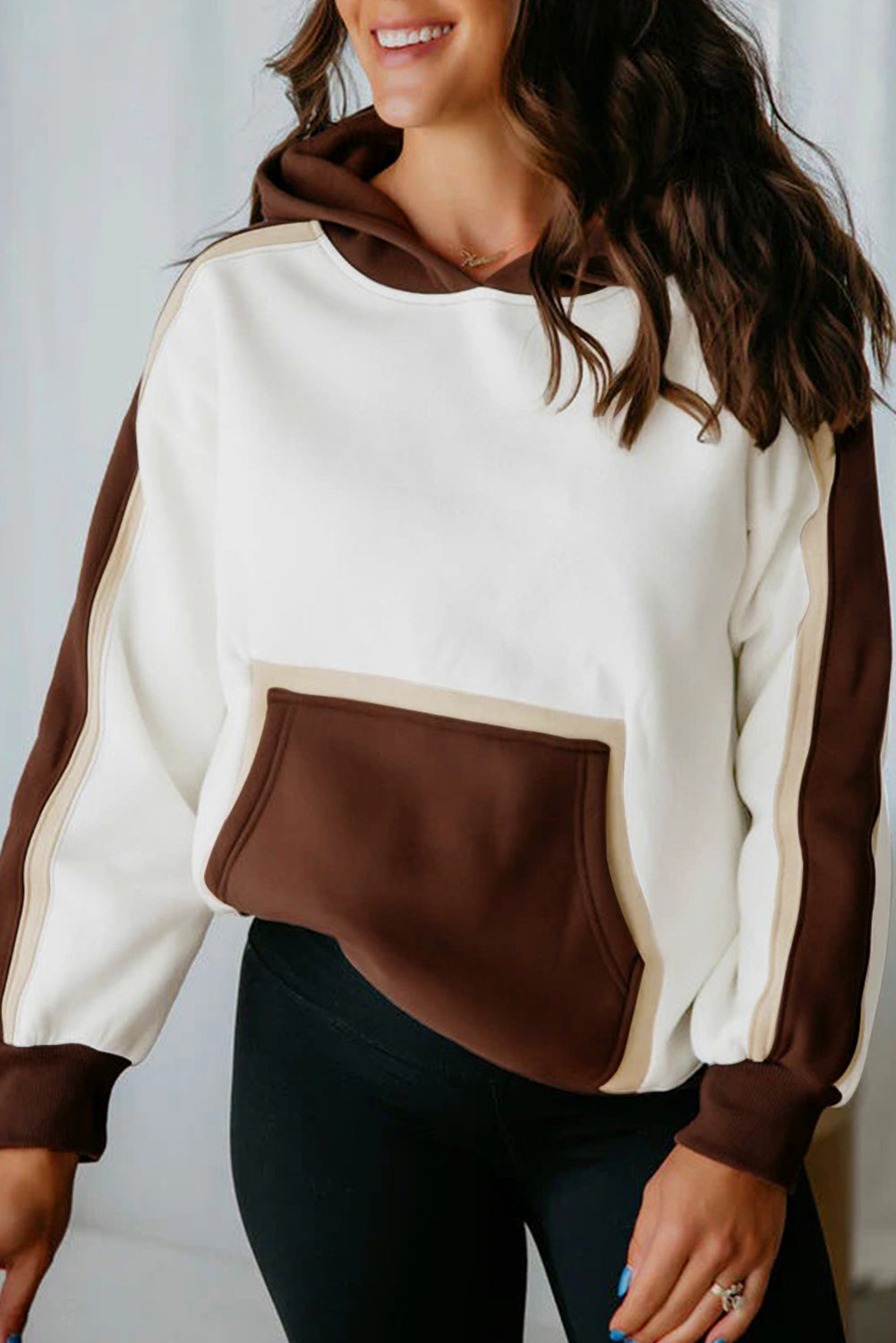 Coffee Colorblock Kangaroo Pocket Long Sleeve Hoodie 27b083028d3cd30f