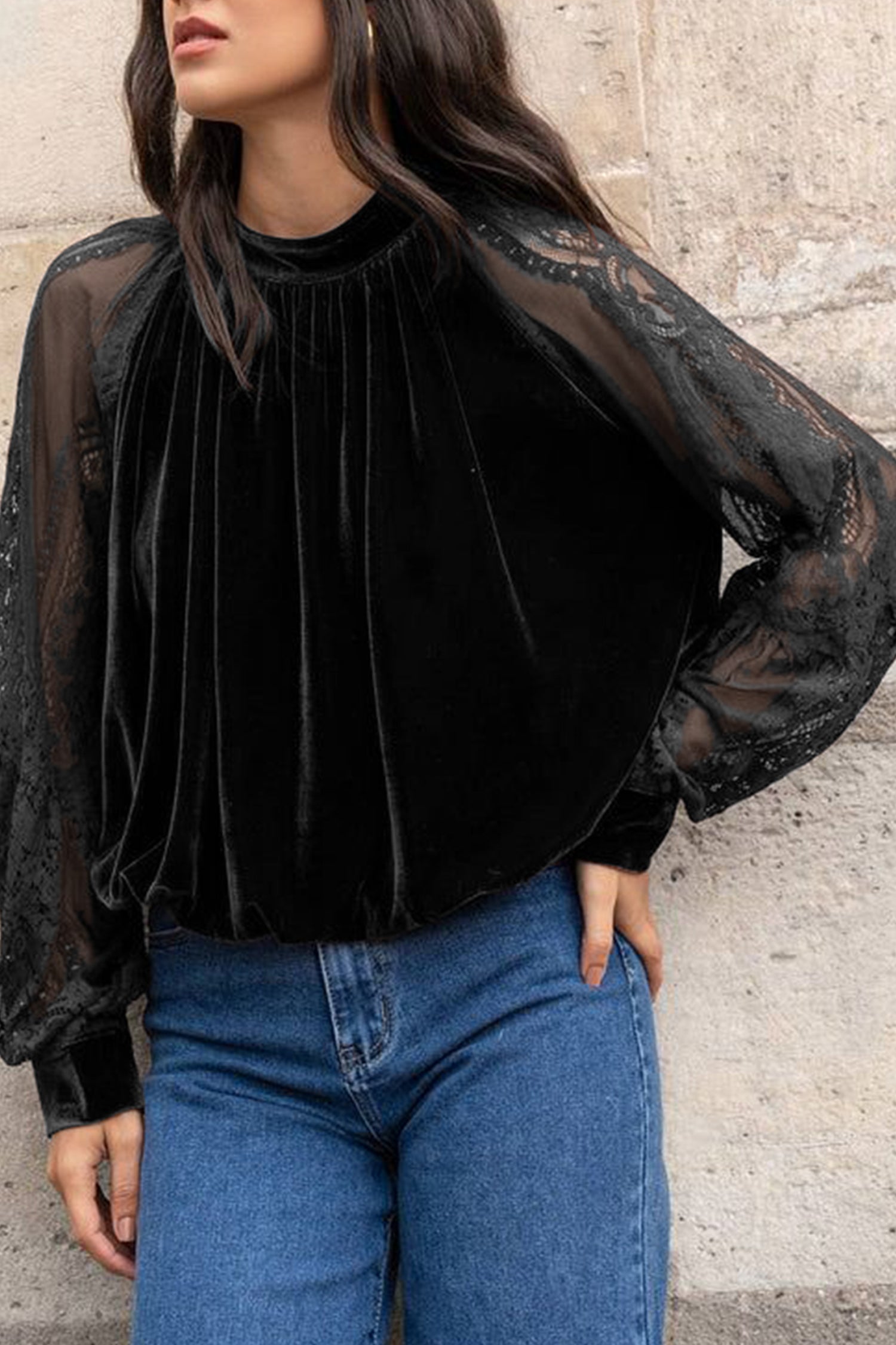 Color Black Solid Color Sheer Lace Long Sleeve Patchwork Stand Neck Velvet Blouse Color black 95%Polyester+5%Elastane 27b087ba9da27382