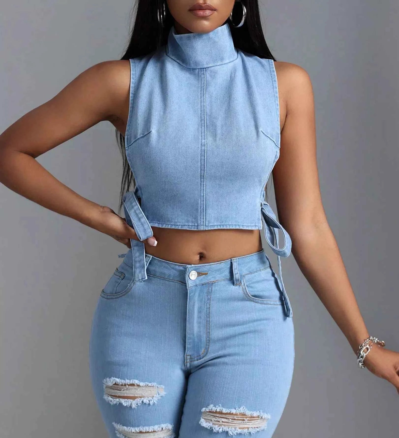 Sleeveless Cropped Denim Turtleneck Top with Side Tie Details