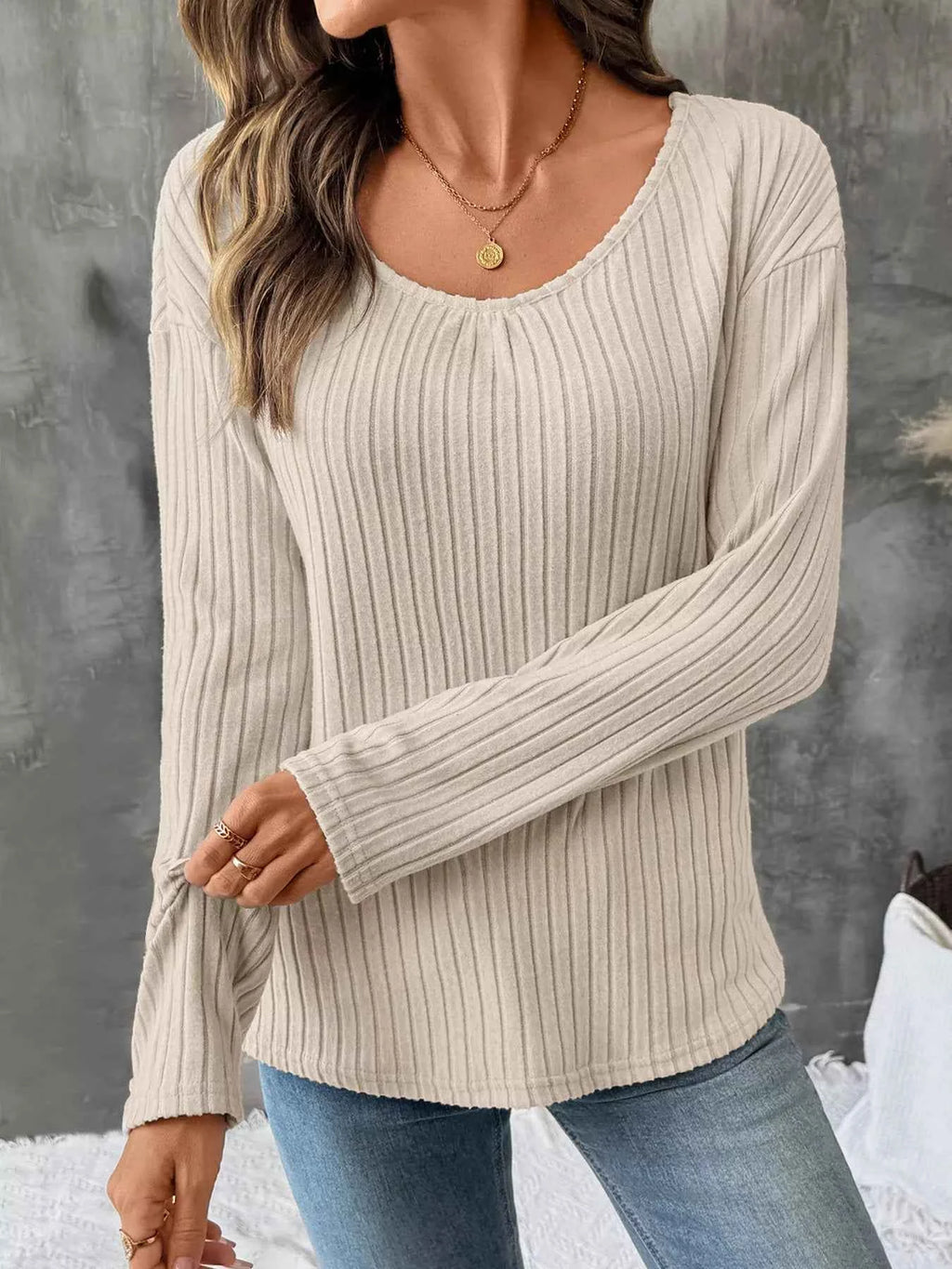 Lace Detail Ribbed Knit Long Sleeve T-Shirt