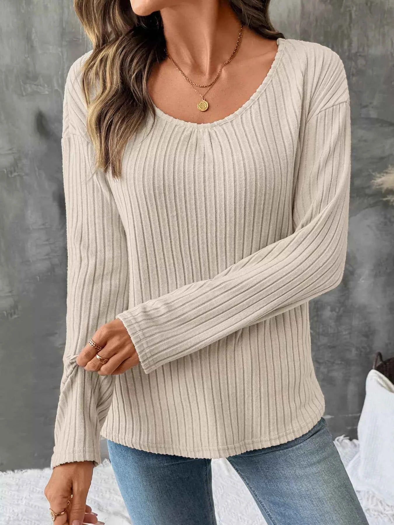 Lace Detail Ribbed Knit Long Sleeve T-Shirt