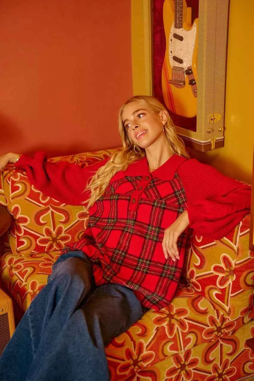 BiBi Plaid Buttoned Collared Top with Sweater Sleeve 27b4afcbe09447528ef4135d582ec4e3-Max-Origin