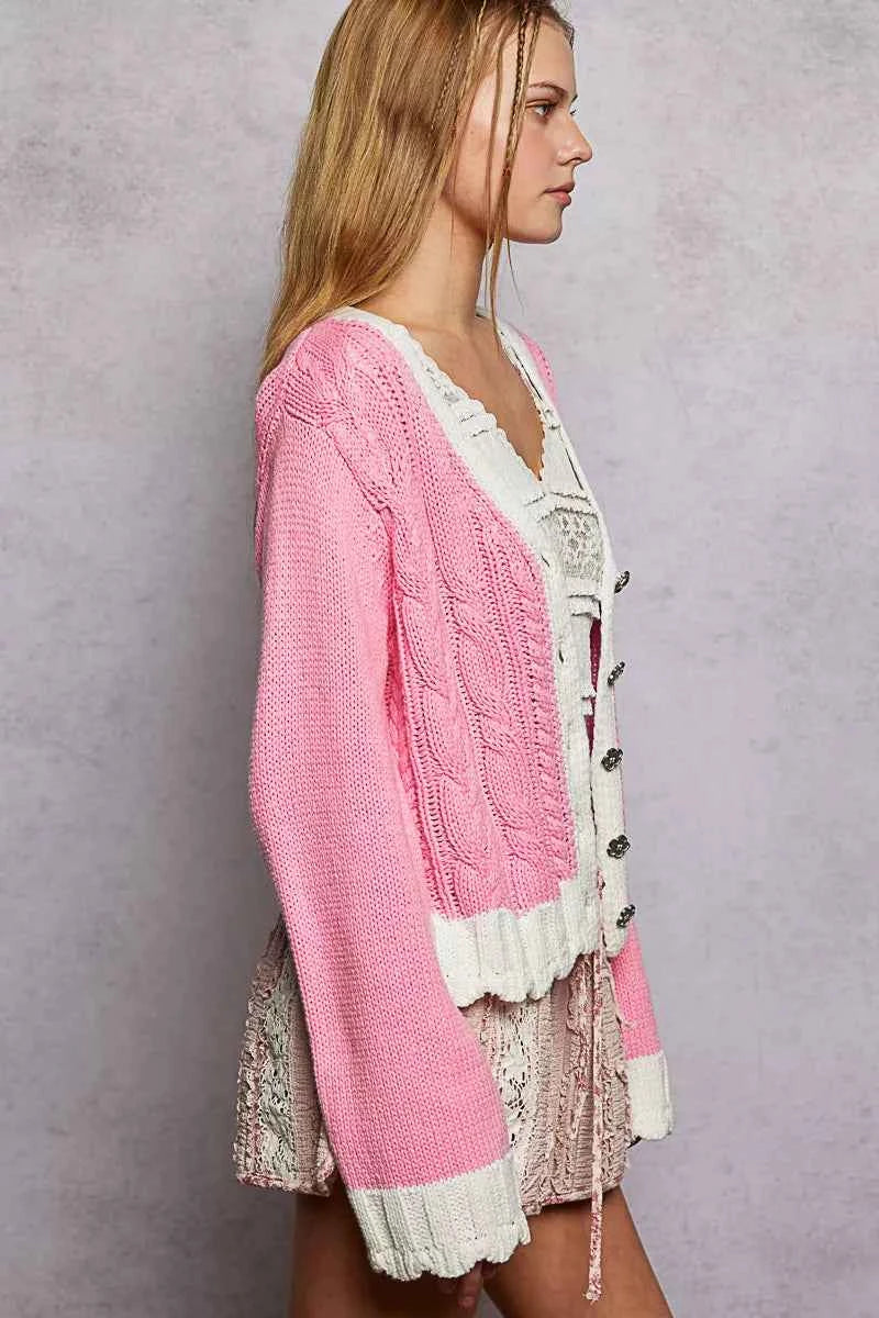 POL Button Down Cable-Knit Cardigan with Contrast Border Accents 27b6ba79-8fb0-4b20-b3e5-53c20ff9d5da-Max-Origin