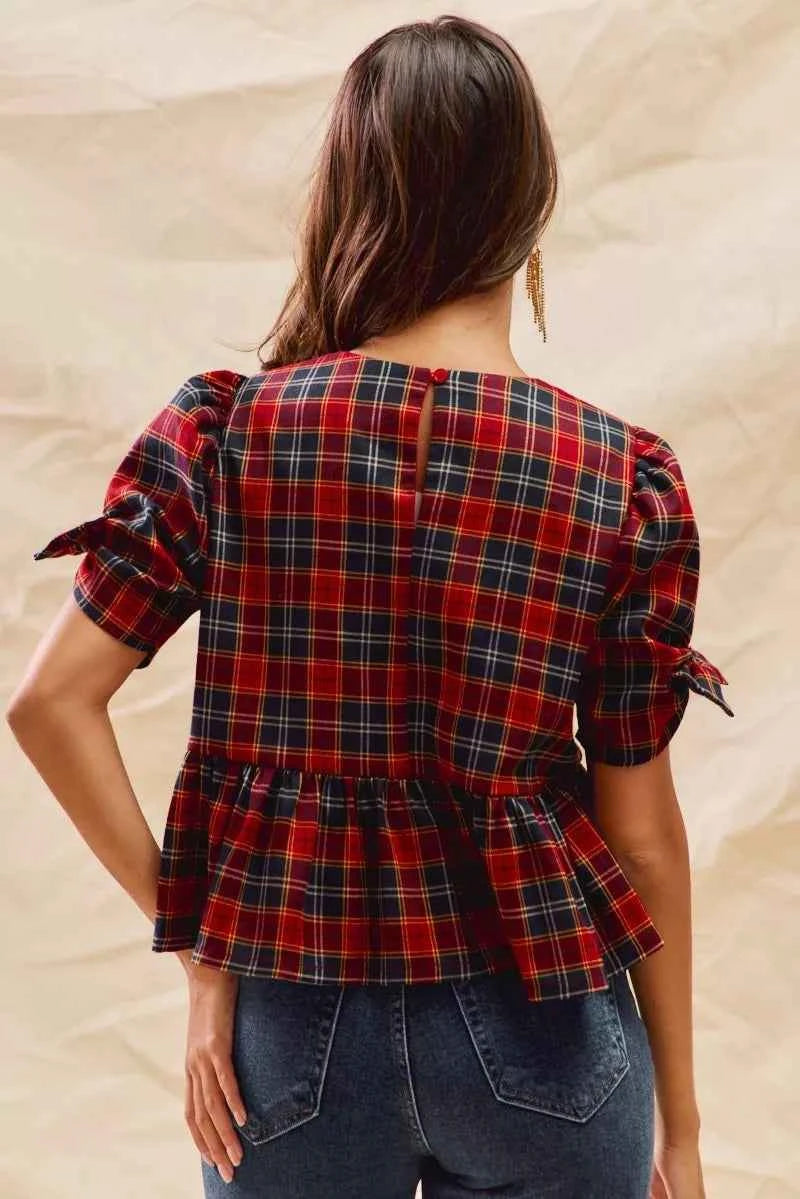 SO ME Christmas Holiday Plaid Ribbon Short Sleeves Top 27b75f6773e147e6b955c722da0ccbc2-Max-Origin