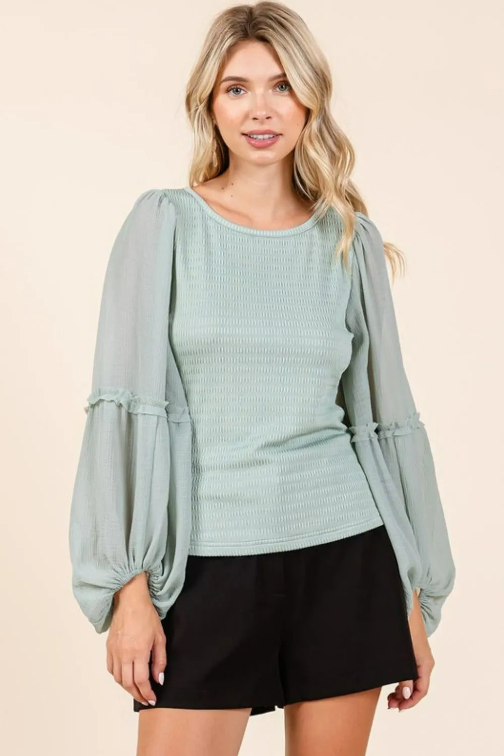Mittoshop Mixed Media Textured Knit Chiffon Long Sleeve Top Sage 27b7c0a4-ea25-4cd5-8439-af2d7dd866a8-Max
