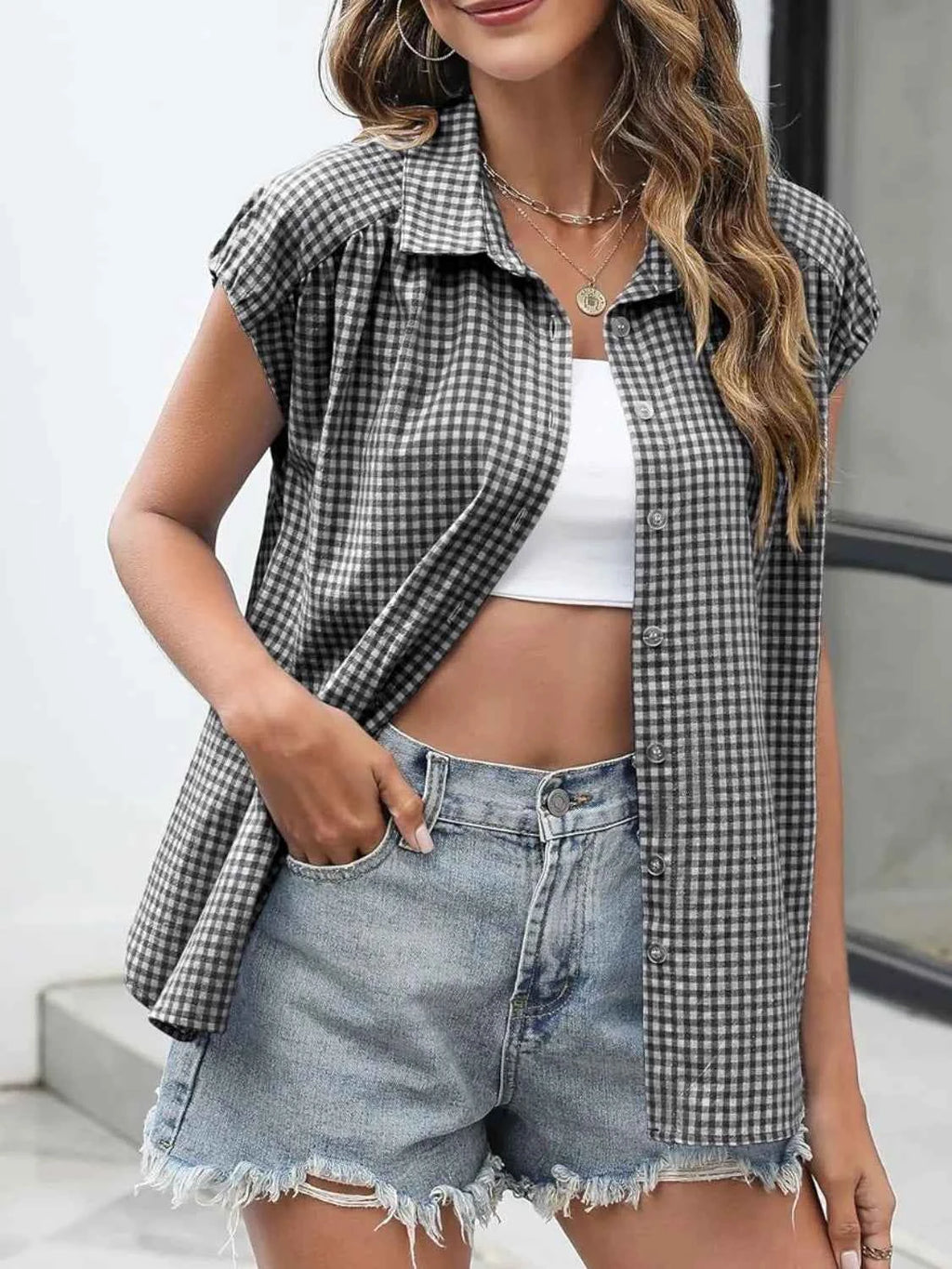 Plaid Button Up Cap Sleeve Shirt 27b95440-0e0d-421e-88e9-f4aac439c793-Max-Origin