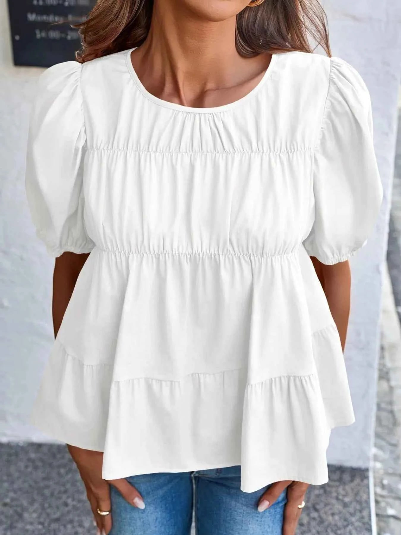 Tiered Round Neck Puff Sleeve Ruched Blouse 27bb12d670c5474caee3a7c652eed4f9-Max-Origin