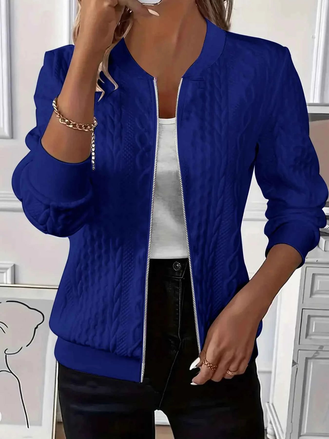 Texture Zip Up Long Sleeve Jacket Blue 27bb1e6facbc4159a94fc74a04a5079a-Max-Origin