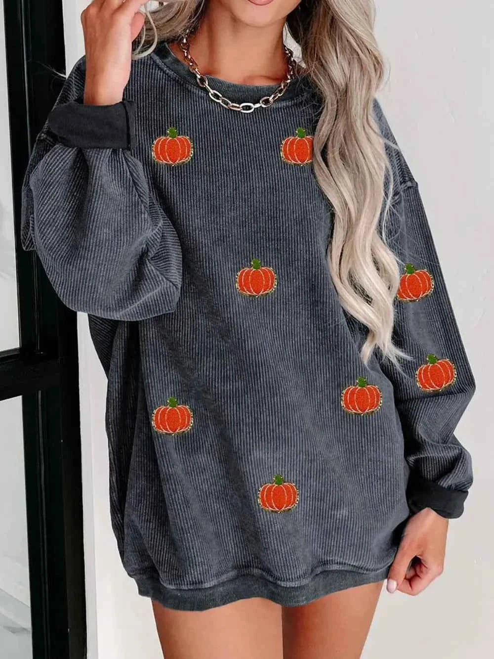 Pumpkin Round Neck Long Sleeve Sweatshirt Dark Gray 27bb9ce4-ca9c-489c-ad50-ba09a35899f4-Max