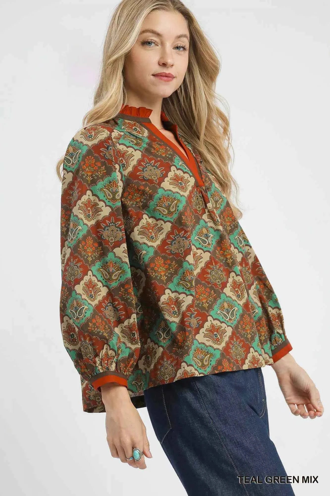 Abstract Print Ruffle Neck Top 27bd4b34-9ac3-4783-ad57-33eafe416d24-Max-Origin