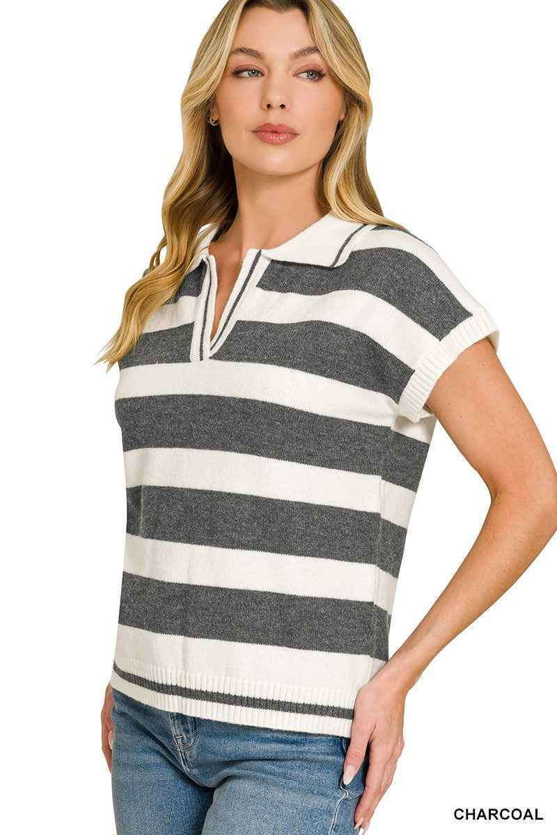 Zenana Striped Collared Short Sleeve Sweater 27bd7d84cccc4a0a99be93d44dada5d5-Max