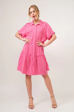 Full Size Raw Edge Washed Tiered Shirt Dress - 100% Cotton Pink 27bdfcb5-d003-486e-92d9-276765fe1219-Max