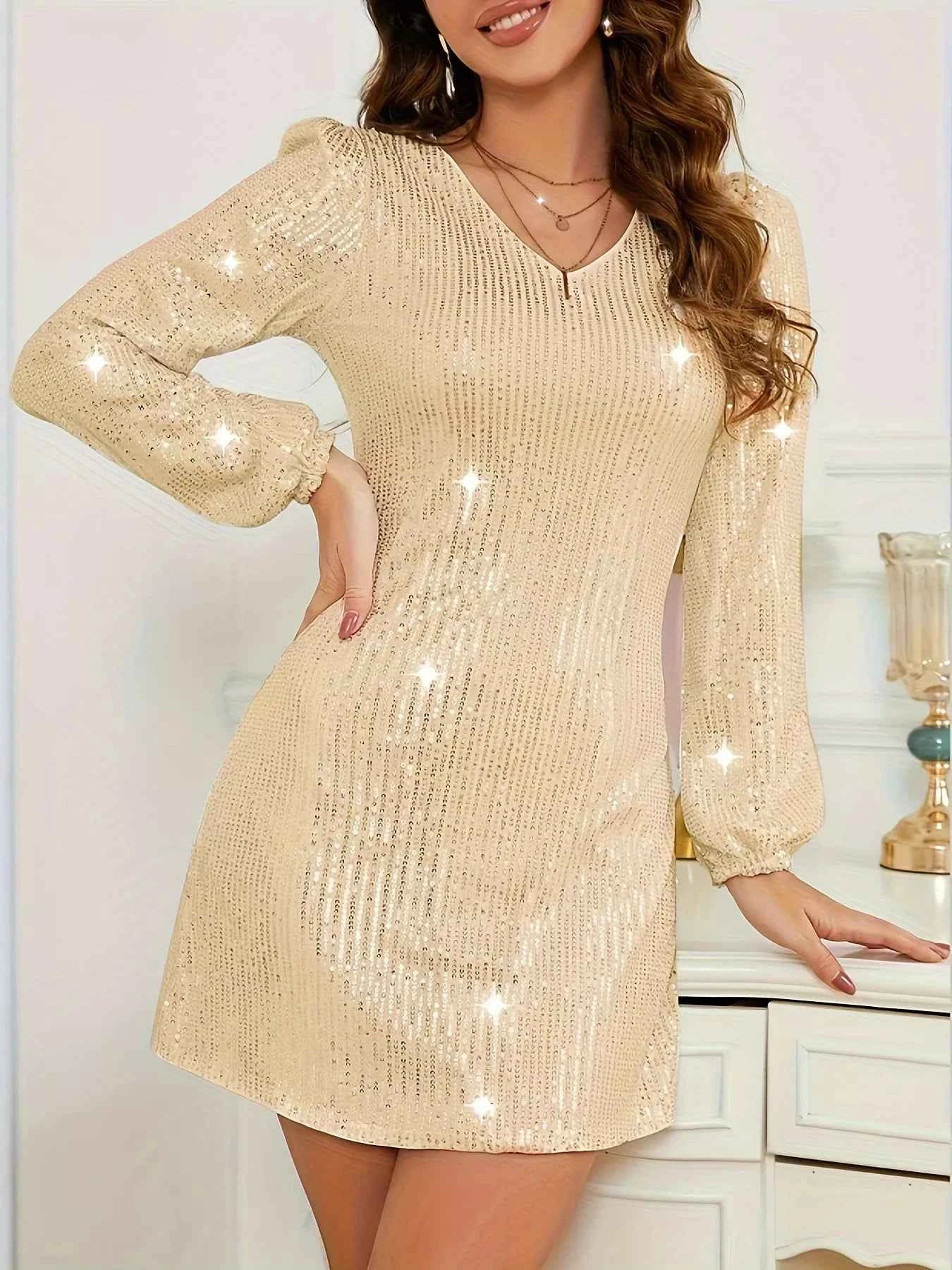 Sequin V-Neck Long Sleeve Dress 27c0271455c54f02a969ee8af9f3774b-Max-Origin
