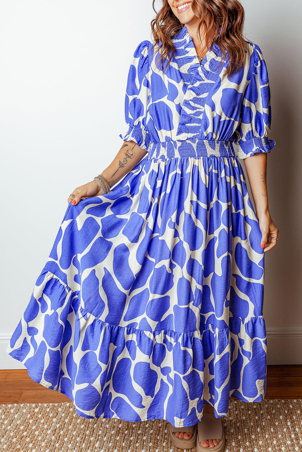 Sky Blue Abstract Print Smocked Waist Puff Half Sleeve Maxi Dress 27c17e3a870dc773