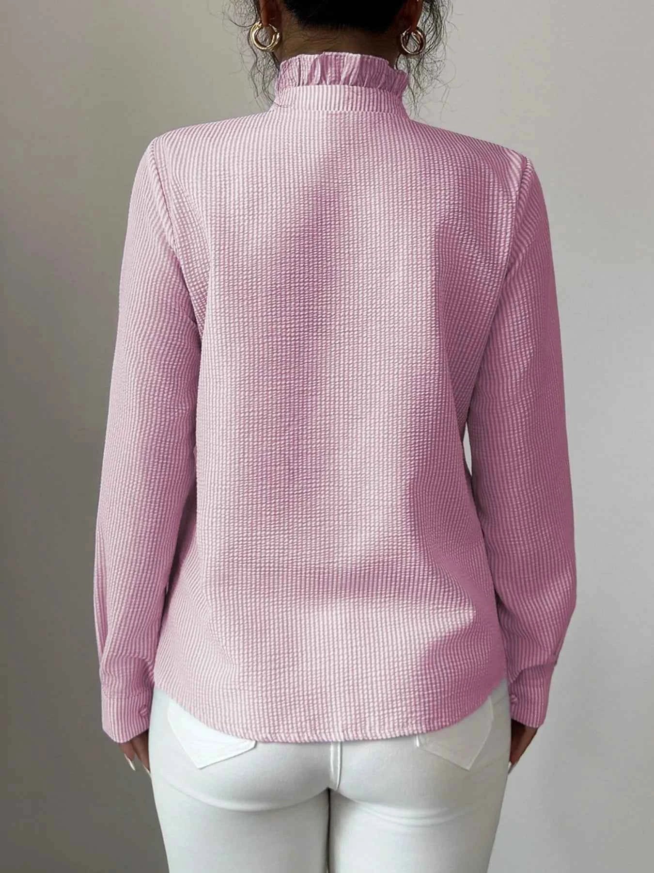 Ruffle Front Striped Button-Up Shirt 27c5cd12-6049-436d-a190-125292b1f0a6-Max-Origin
