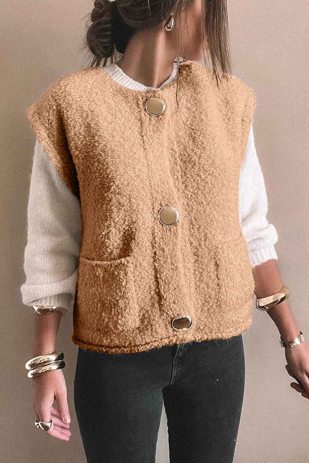 Light French Beige Big Button Accent Fuzzy Pocket Vest 27c615cf3ebe3ef9