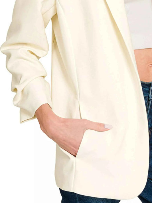 Woven 3/4 Ruched Sleeve Open Front Classic Blazer 27c88c2e-b6d4-4200-9357-55bd4b26e85d-Max-Origin