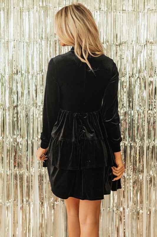 Velvet High Neck Tiered Ruffle Mini Dress 27ccecb7-a1b5-4a07-bb69-92367de38697