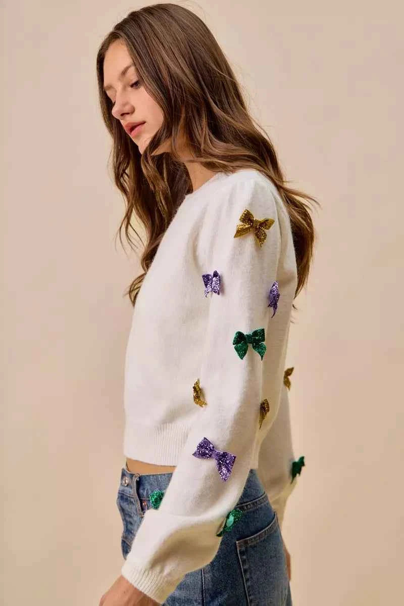 SO ME Mardi Gras Glitter Bow Ribbon Sweater Knit Top 27d73ea465434f5a9b258dd367a8cda8-Max-Origin
