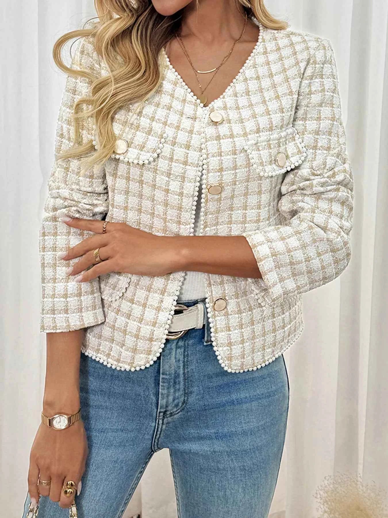 Plaid Button-Front Long Sleeve Outerwear 27db4492bb6d493ba6979c5e9ce3a2c1-Max-Origin