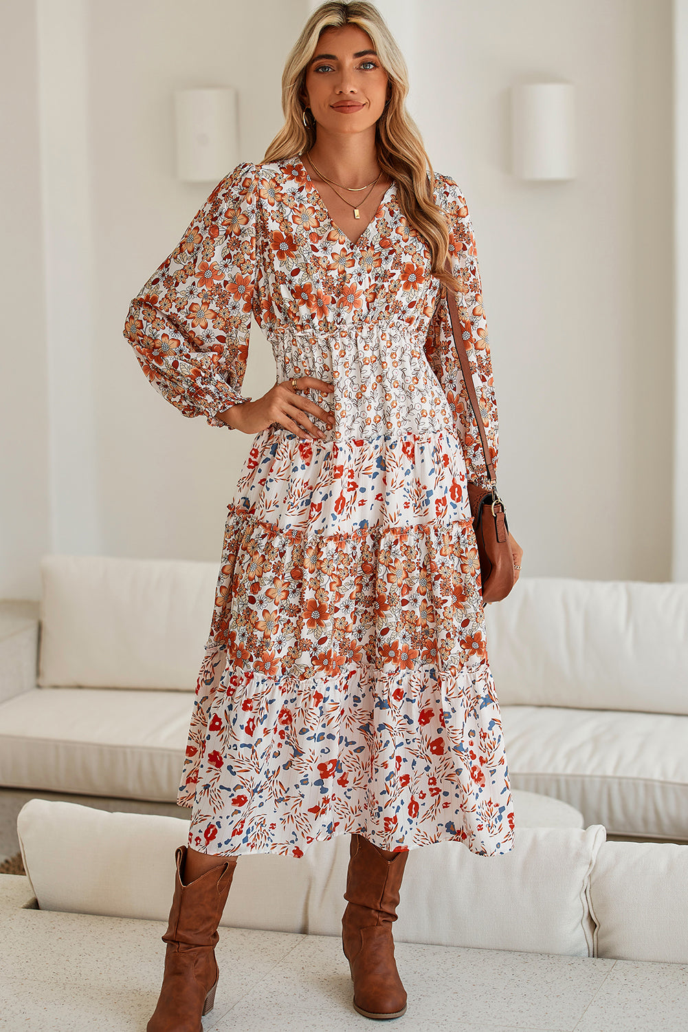 Khaki Floral Print Ruffled Tiered Long Sleeve V Neck Midi Dress 27e014ad6d0f2c2e