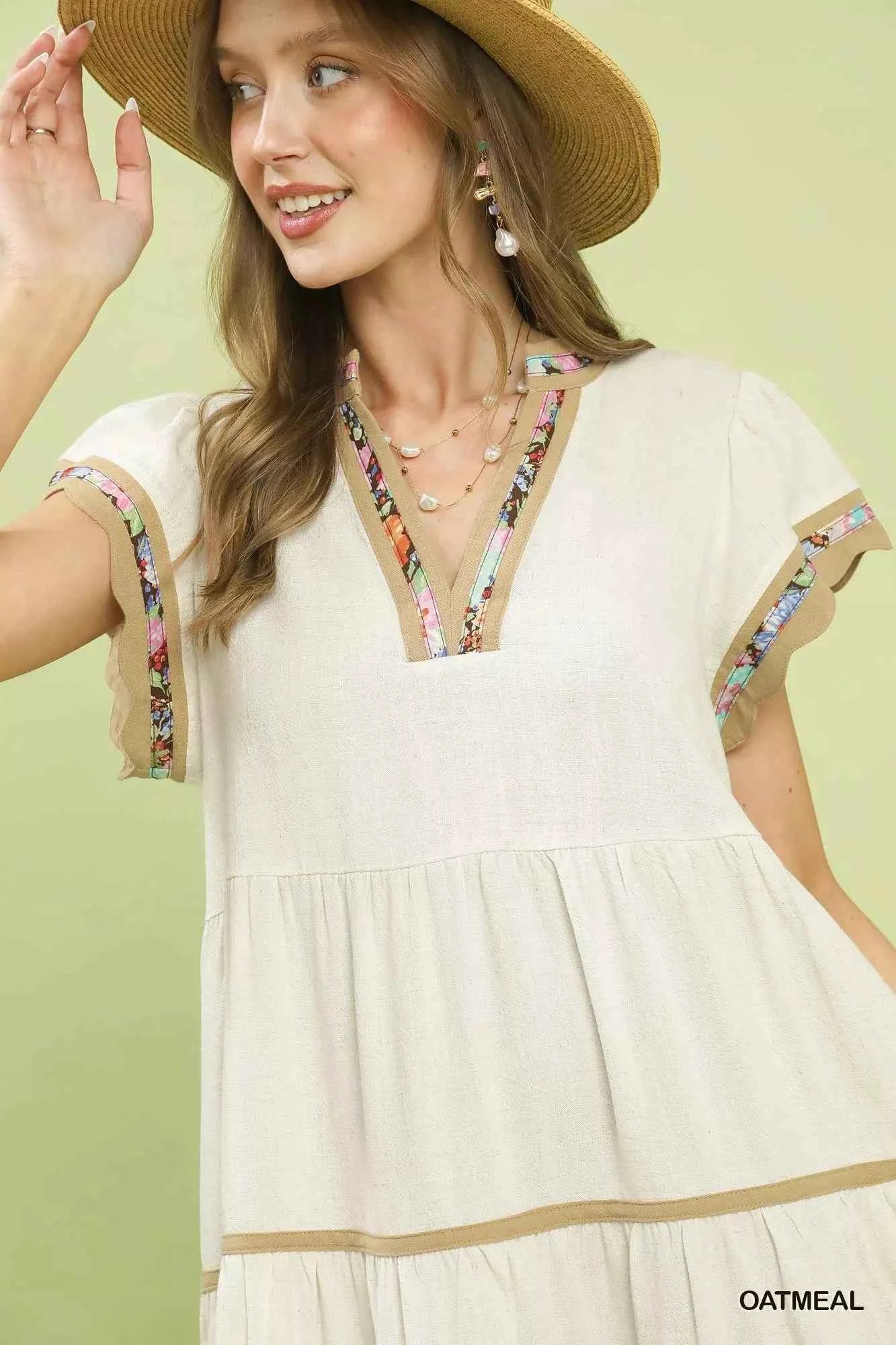 Umgee Linen Tiered Flutter Sleeve Dress with Floral Trim 27e3946f-fd9d-46ea-879e-500ecc826e99-Max-Origin