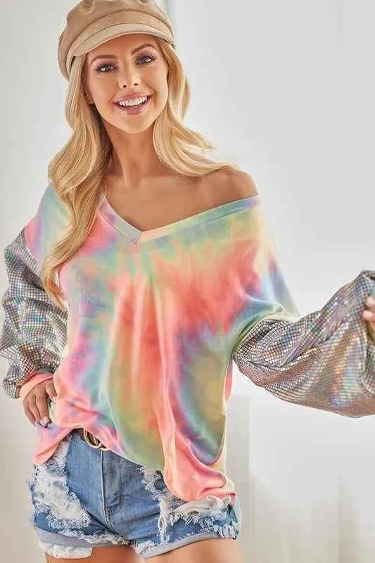 V Neck Tie Dye French Terry Top with Shiny 27ecd80073ee447c80236f5bca4bf5a5-Max-Origin
