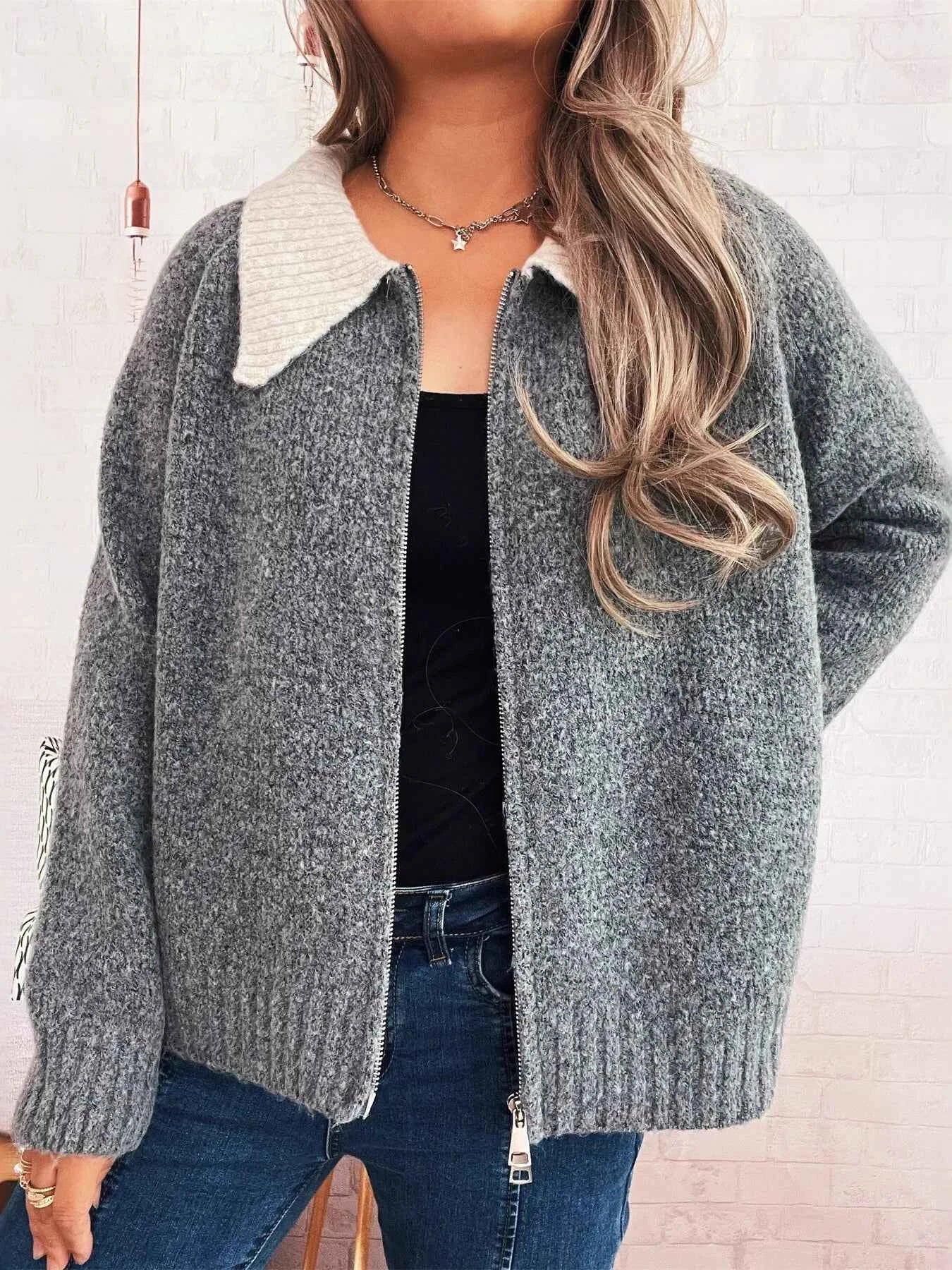 Contrast Collar Zip-Up Cardigan 27eef15dee33495a970358885c83a3dd-Max-Origin