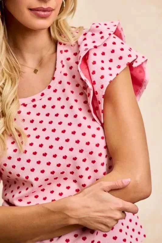 BiBi Heart Patterned Knit Ruffled Sleeves Top 27f0e310-1e91-4c0d-b0b0-286282ebb7d8-Max-Origin