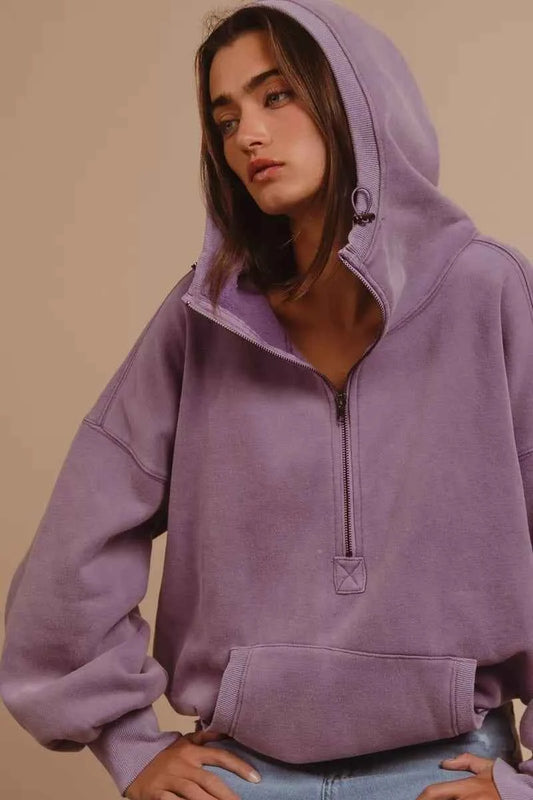 Stitch Detailed Elastic Hem Half Zip Fleece Hoodie 27f45b59-fbad-41e6-be10-35bd2a50e43c-Max-Origin
