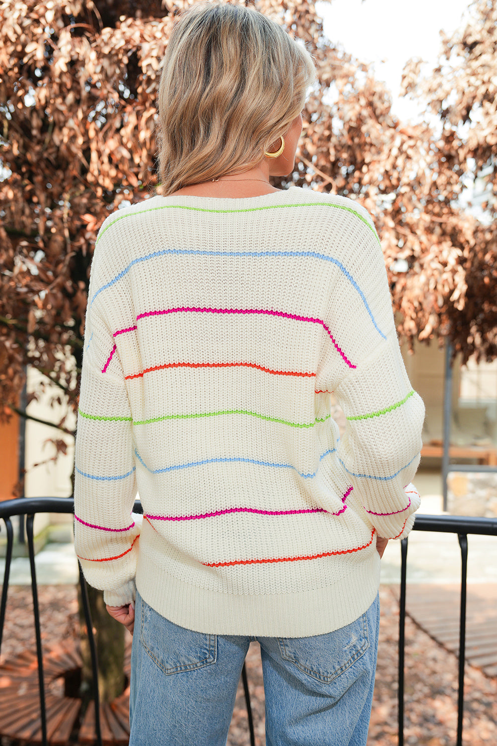 White Striped V Neck Drop Sleeve Sweater 27f48a424aac3ec6