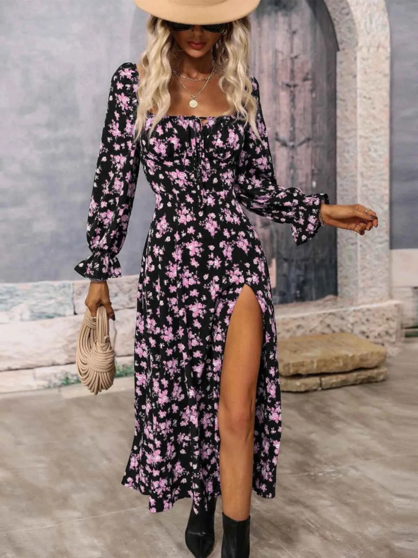 Floral Print Square Neck Flounce Sleeve Dress with Side Slit 2804089b591f41f7ac9547874ce3ab00-Max-Origin