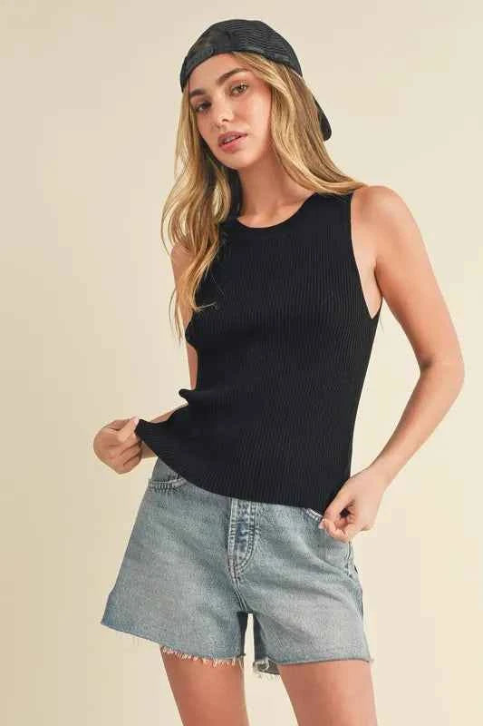 Aemi + Co Ribbed Round Neck Knit Tank Black 280afc3a-4d77-44eb-921b-1bb8addb20e0-Max
