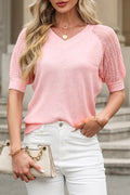 Apricot Pink Solid Color Knit Contrast Hollowed Short Sleeve V Neck Sweater Apricot Pink 75%Acrylic+25%Cotton 280b8bf833254287