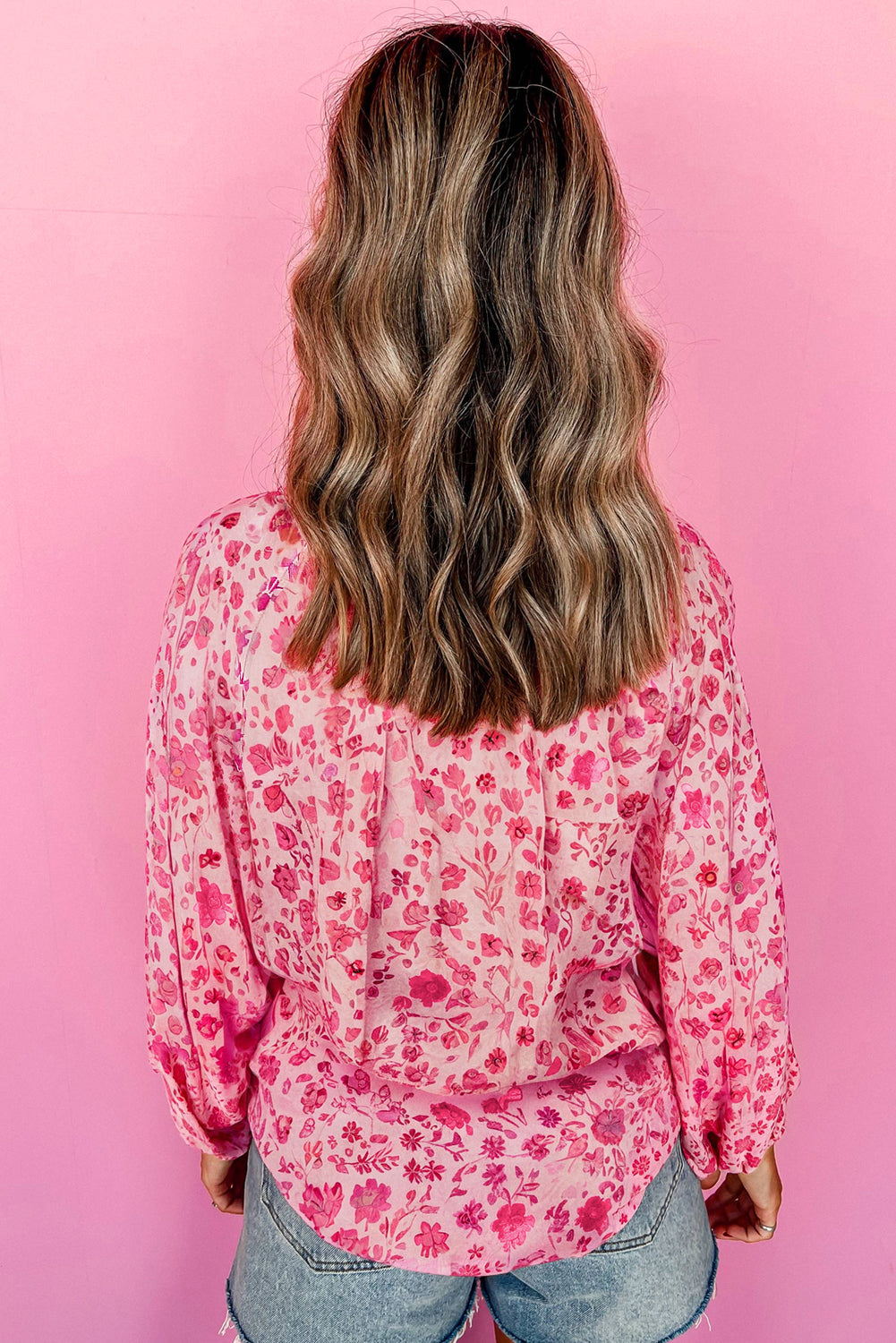 Pink Floral Puff Sleeve Split Neck Blouse 2812abd98c577d9b