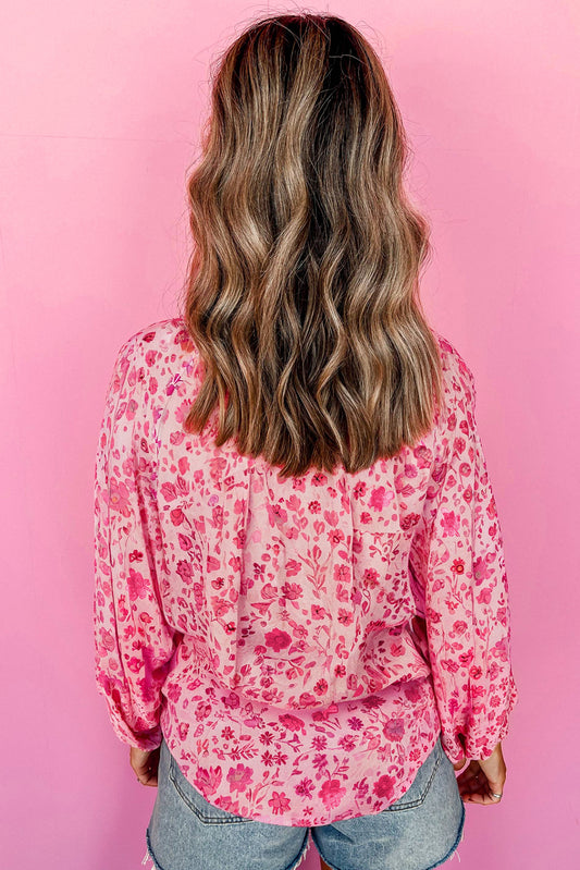 Pink Floral Puff Sleeve Split Neck Blouse 2812abd98c577d9b