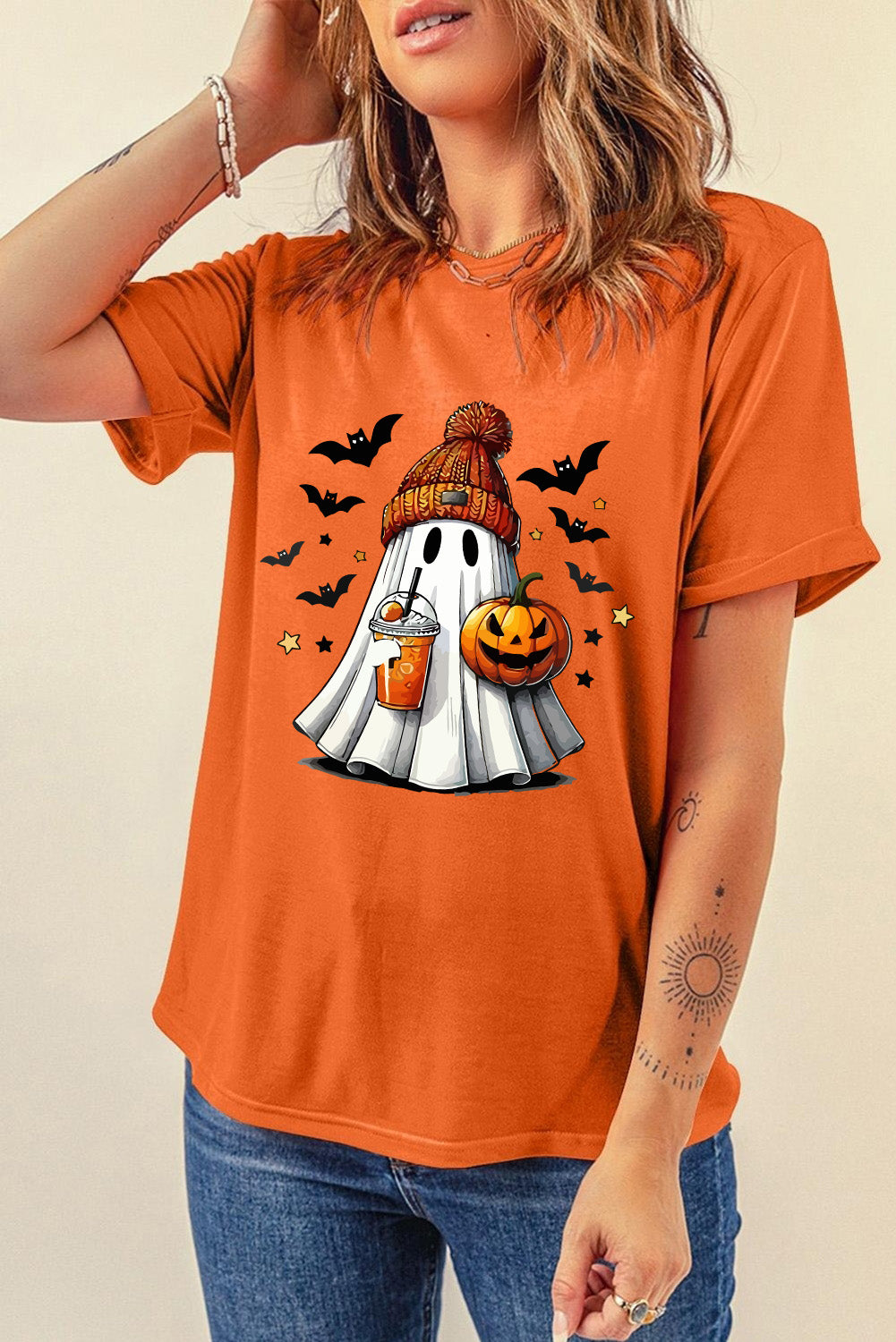 Orange Playful Halloween Ghost Pumpkin Heat Transfer Printing Tee 28138e16af7a0b1a